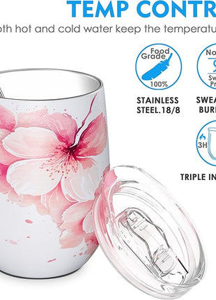 THILY Stainless Steel Insulated Wine Tumbler Stemless Wine Glass with Lid and Straw, Splash-proof, Cute Travel Cup for Coffee, Cocktails, for Women, Mother, Wife, Girls, Cherry Blossoms