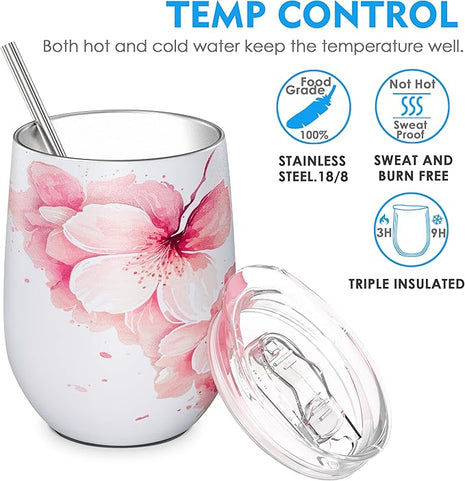 THILY Stainless Steel Insulated Wine Tumbler Stemless Wine Glass with Lid and Straw, Splash-proof, Cute Travel Cup for Coffee, Cocktails, for Women, Mother, Wife, Girls, Cherry Blossoms