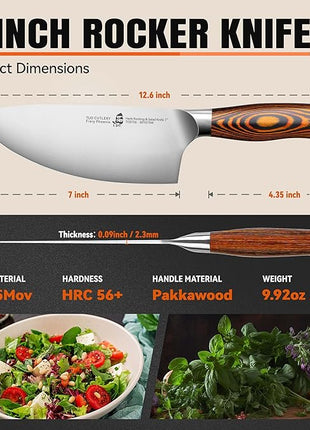TUO Rocker Knife, 7 inch Salad Chopper Chef Knife for Herb Rocking and Veggie Chopping, Vegetable Cleaver in High Carbon Steel with Ergonomic Handle - Fiery Phoenix Series
