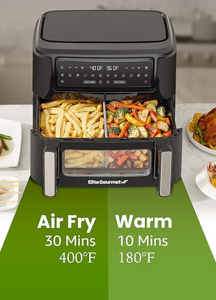Elite Gourmet EAF1055D Dual Zone Air Fryer Oven, 11QT. Capacity with Divider, Sync Finish, Dishwasher Safe Basket, 10 Preset Functions, 1600-Watts, with Recipe Booklet, Black