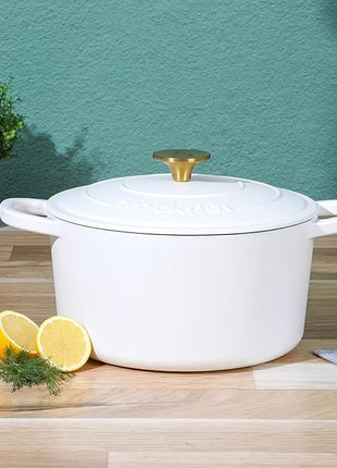 Crock-Pot Artisan 5-Quart Round Dutch Oven – Matte Linen White with Gold Knob, Enameled Cast Iron Cookware