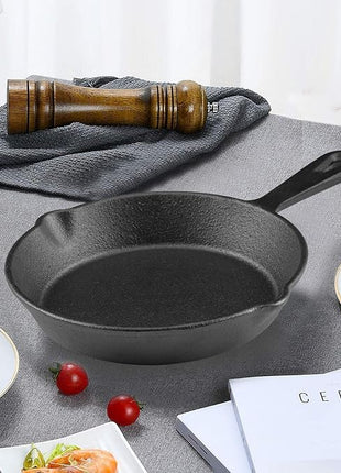 6 Inch Cast Iron Skillet, Frying Pan with Drip-Spouts, Pre-seasoned Oven Safe Cookware, Camping Indoor and Outdoor Cooking, Grill Safe, Restaurant Chef Quality
