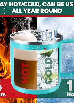 HAUSHOF 14oz Christmas Mug, Stainless Steel Coffee Mugs with Lid and Handle, Insulated Coffee Cups, Ideal Christmas Gifts for Mom, Dad, Kids