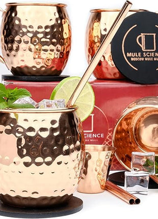 Advanced Mixology [Gift Set] Mule Science Moscow Mule Mugs Set of 4 (19 oz. large size) | 100% Handcrafted | Food Safe | Copper Mugs w/Accessories | Tarnish Resistant Copper Cups