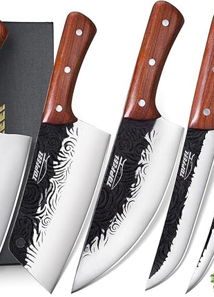 Butcher Knife Set 5PCS, Hand Forged Kitchen Knives Set Serbian Chef Knife Set, Meat Cleaver Boning Carving Knives Set for Home、Camping、BBQ