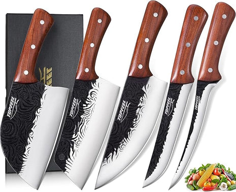 Butcher Knife Set 5PCS, Hand Forged Kitchen Knives Set Serbian Chef Knife Set, Meat Cleaver Boning Carving Knives Set for Home、Camping、BBQ