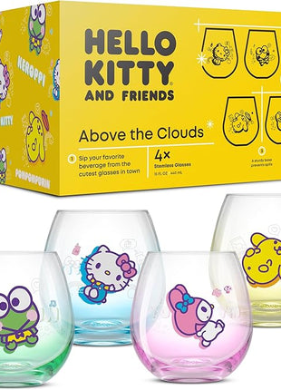 JoyJolt Hello Kitty & Friends Above the Clouds Stemless Drinking Glasses, 15 oz Ombre Glass Cup Set of 4 ft Hello Kitty Keroppi My Melody Pompompurin, Kawaii Kitchen Glassware Sets