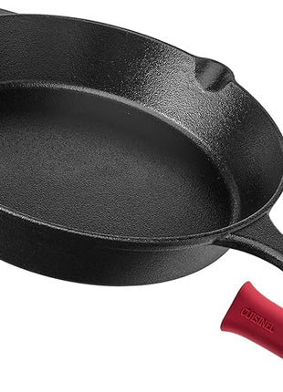 Cuisinel Cast Iron Skillet - 12"-Inch Frying Pan with Assist Handle + Red Silicone Grip Cover - Pre-Seasoned Oven Safe Cookware - Indoor/Outdoor Use - Grill, Stovetop, Induction, BBQ and Firepit Safe