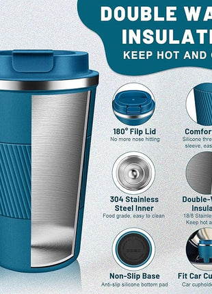 Insulated Coffee Tumblers with Flip Lid 12oz / 17oz, Stainless Steel Travel Coffee Mug Leak Proof, Vacuum Insulated Coffee Mug Reusable Cup, Keeps Cold and Hot for Coffee Tea