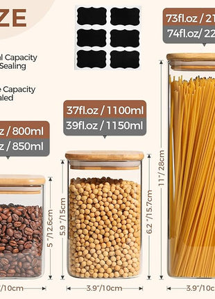 ComSaf Glass Food Storage Containers Set, 3 Pcs Airtight Clear Food Jars with Lids, Square Stackable Kitchen Canisters, Glass Jars For Spaghetti Pasta, Spice, Sugar, Candy, Tea, and Coffee Beans