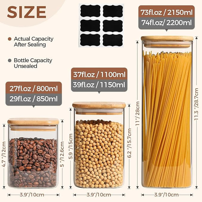 ComSaf Glass Food Storage Containers Set, 3 Pcs Airtight Clear Food Jars with Lids, Square Stackable Kitchen Canisters, Glass Jars For Spaghetti Pasta, Spice, Sugar, Candy, Tea, and Coffee Beans