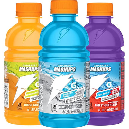 Gatorade Thirst Quencher, Mashups Variety Pack, Cool Blue-Fruit Punch, Lemon-Lime-Orange, Glacier Freeze-Glacier Cherry, 12 Fl Oz (Pack of 18)