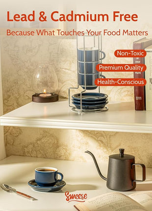 Sweese 2.5 Ounce Porcelain Stackable Espresso Cups with Saucers and Metal Stand Set of 4, Navy