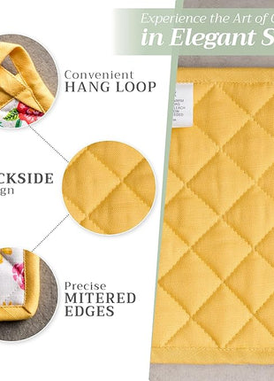 Maison d' Hermine Pot Holders Set 100% Cotton Heat Resistant Potholders 8" x 8" Hot Pads with Loop BBQ, Cooking, Grilling, Kitchen, Handling Hot Pans Spring/Summer (Pack of 2, Happy Florals - Sweety)