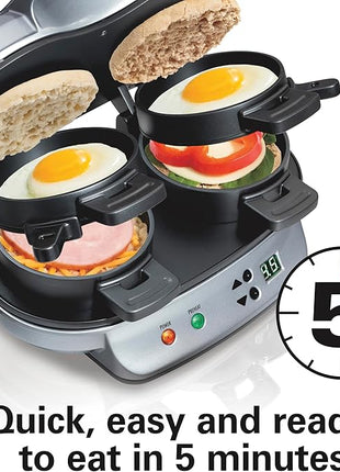 Hamilton Beach Dual Breakfast Sandwich Maker with Timer, Ready in 5 Minutes, Removable Dishwasher Safe PFAS-Free Non-Stick Egg Cooker Ring, Silver (25490MNA)