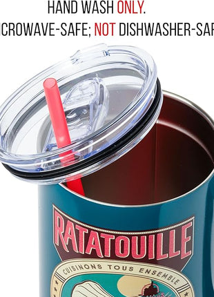 Silver Buffalo Disney Pixar Ratatouille Remy Let's Cook Together Stainless Steel Tumbler with Handle and Straw, Fits in Standard Cup Holder, 40 Ounces