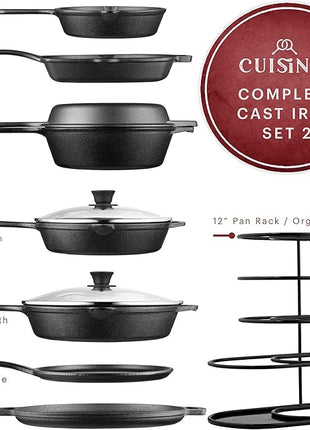 Cuisinel Cast Iron Cookware Set - Complete Pre-Seasoned Kit - 8" Skillet & 10" + 12" Skillets with Glass Lid + Grill Pan + Multi-Cooker/Dutch Oven + Flat Griddle + Pizza Pan + Organizer Rack - 2024