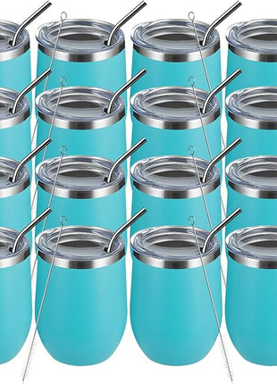 MEWAY 12oz Wine Tumbler 16 Pack Bulk Gifts for Women,Double Wall Vacuum Stainless Steel Travel Mug with Lid,Insulated Stemless Wine Cup Glass for Coffee,Cocktails(Turquoise,Set of 16)