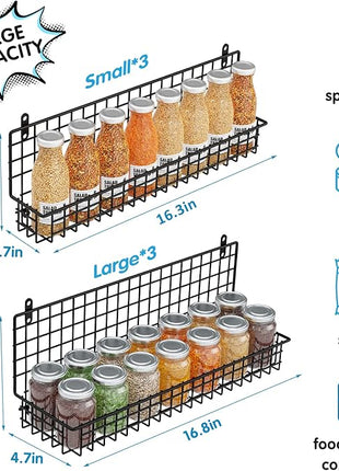 JKsmart 6-Tier Spice Rack Organizer with Door Hook, Wall Mounted & Over the Door Spice Racks for Kitchen Pantry Door Cabinet, Two Size, Large Capacity, Black