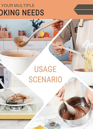 Silicone Cooking Utensils Set, Heat Resistance Large Kitchen Utensils Set with Long Wooden Handle, BPA-free Silicone Spatula, 6 Pcs Cooking Spoons for Non Stick Frying Pans and Pots(Khaki）