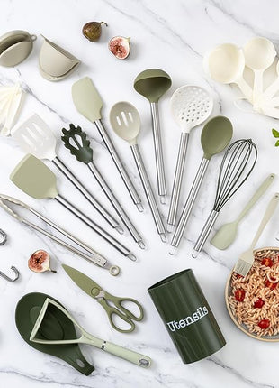 COOK WITH COLOR Silicone Cooking Utensils, Kitchen Utensil Set, Easy to Clean Silicone Kitchen Utensils, Cooking Utensils for Nonstick Cookware, Kitchen Gadgets Set, 38 Piece, Green