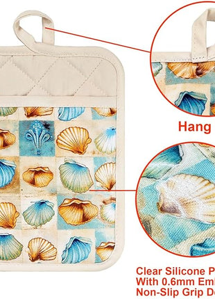 Pot Holders Set of 2 Heat Resistant 480 ℉Non Slip Clear Silicone Printed Comfortable Cotton Lining Kitchen Women Men Cooking Baking Microwave Machine Washable (Shell, Beige potholders)
