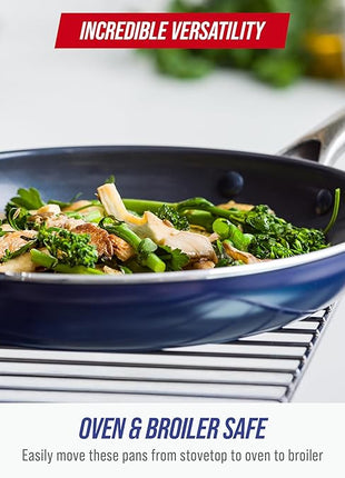 Blue Diamond 9.5” & 11" Nonstick Frying Pan Skillet Set, Diamond Infused PFAS & PTFE-Free Ceramic Pots & Pans, Dishwasher & Oven Safe, Stay Cool Handles, Durable Non Toxic Metal Utensil Safe, Blue