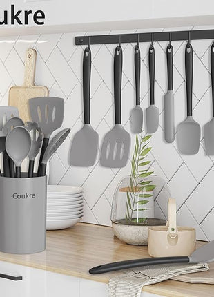 Coukre Silicone Kitchen Cooking Utensils Set with Holder – Heat-Resistant, Food-Grade Kitchen Tools, Spatula, Spoon & Gadgets for Non-Stick Pans, Dishwasher Safe (14, Gray)