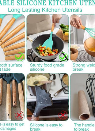 Umite Chef Kitchen Cooking Utensils Set, 24 pcs Non-stick Silicone Cooking Kitchen Utensils Spatula Set with Holder, Wooden Handle Heat Resistant Silicone Kitchen Gadgets Utensil Set (Green)