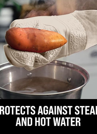 BPA-Free Silicone Oven Mitts Ultra Heat Resistant up to 500°F - Oven Mitts with Thick Cotton Liner - Long Slip Resistant Pot Holders, Flexible Oven Gloves - Beige 14.7