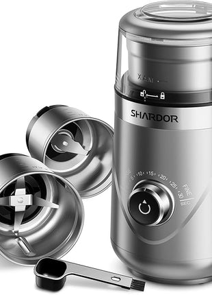 SHARDOR Electric Super Silent Blade Coffee Grinder, Timed Grind Control Rotary Knob, Adjustable Coarse to Fine for Coffee Beans, Spices & Herbs, with 2 Removable Stainless Steel Bowl, Silver