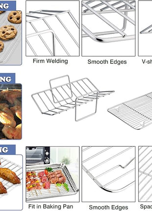 P&P CHEF 16" Roaster Roasting Pan with Baking Rack and V-shaped Rack, Stainless Steel Rectangular Lasagna Pan with Handles for Turkey Chicken, Healthy & Dishwasher Safe, 3 Pieces, Silver