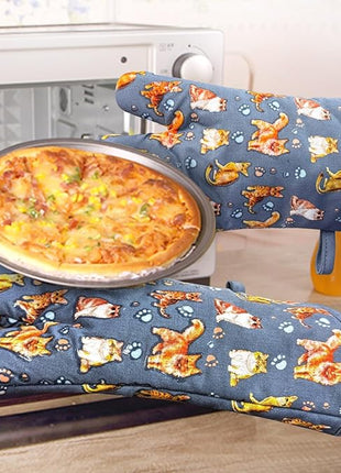 Oven Mitts Gloves 1 Pair Heat Resistant 480 ℉ Non Slip Clear Silicone Printed Cat Comfortable Cotton Lining Kitchen Men Cooking Barbecue Machine Washable (Cat, Blue Mitts)