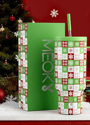 Meoky 40 oz Christmas Tumbler with Handle and Straw, Xmas Tumbler with Lid and Straw, Insulated Stainless Steel Travel Mug, Christmas Gifts for Women Men Adults (Holly Check)