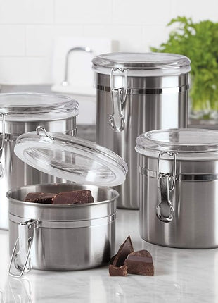 Oggi Set of 4 Stainless Steel Kitchen Canisters - Airtight Clamp Lid, Clear See-Thru Top - Ideal for Kitchen Storage, Food Storage, Pantry Storage - Includes 1 each: 26oz, 36oz, 47oz, 62oz.