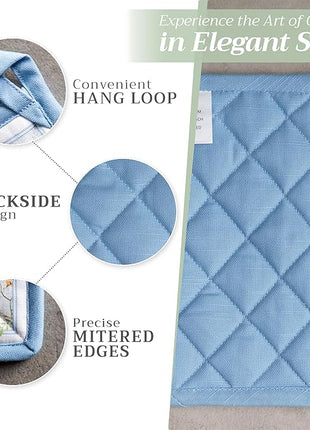 Maison d' Hermine Pot Holders Set 100% Cotton Heat Resistant Potholders 8" x 8" Hot Pads with Loop BBQ, Cooking, Baking, Grilling, Kitchen, Handling Hot Pans Spring/Summer (Pack of 2, Fleurs De Mai)