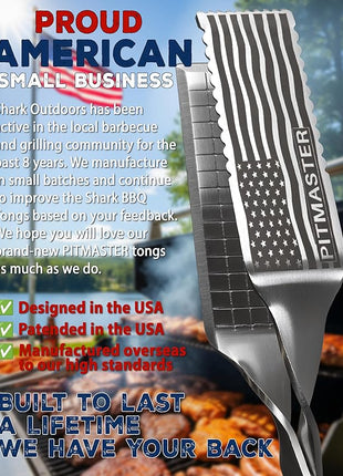Shark BBQ Pitmaster Grill Tongs, 2X Stronger, Heavy-Duty for Big Hands & Large Cuts. Long-Reach Barbecue Grilling Tongs. Premium Stainless Steel Tong (Black)