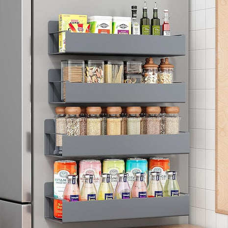 4 Pack Moveable Fridge Magnetic Spice Racks,Metal Grey