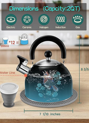 ARC Stainless Steel Whistling Tea Kettle for Stovetop, Magic Color Changing Design Teapot for Stovetop, 2 Quart Black Tea Kettle with Silicone Trivet Mat for Heat Resistant & Folding Cup