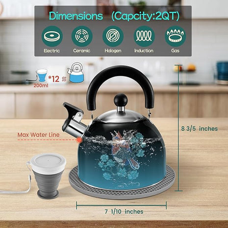 ARC Stainless Steel Whistling Tea Kettle for Stovetop, Magic Color Changing Design Teapot for Stovetop, 2 Quart Black Tea Kettle with Silicone Trivet Mat for Heat Resistant & Folding Cup