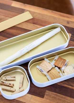 Three by Three Seattle 6 Piece Shallow Metal Organizer Tray Set for Storing Makeup, Stationery, Utensils, and More in Office Desk, Kitchen and Bathroom Drawers (1 Inch, Gold and White)