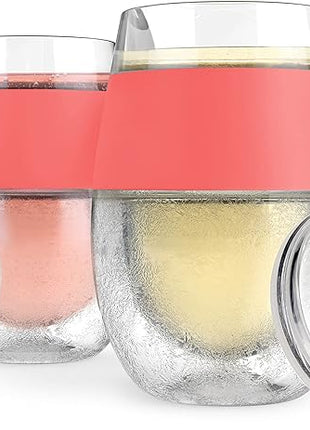 Host Cooling Wine Freeze Cup with Lid, Set of 2 Plastic Double Wall Insulated Wine Tumbler Drink Cups with Freezing Gel for Red and White Wine, Coral