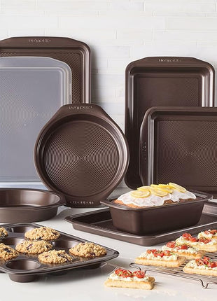Circulon Nonstick Bakeware Set with Nonstick Bread Pan, Baking Pans, Baking Sheets, Cookie Sheets, Cake Pan and Muffin Pan / Cupcake Pan - 10 Piece, Chocolate Brown