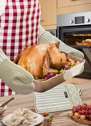 Silicone Oven Mitts Heat Resistant 932℉ with Waterproof & Non-Slip Kitchen Mittens, Set of 2 Extra Long Oven Gloves with Soft Cotton Terry Lining for Baking Cooking Barbecue (Khaki, 2)