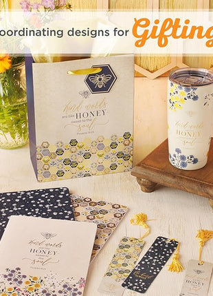 Christian Art Gifts Stainless Steel Scripture Tumbler Travel Mug for Women: Kind Words Bible Verse, Cute Bumble Bee, Double-wall Vacuum Insulated, Lid, Hot/Cold, Creamy White Multicolor Floral, 18oz.