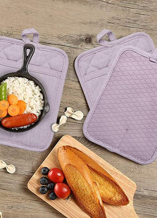 Pot Holders Yarn-Dyed Set of 3 Non Slip Silicone Kitchen Lines Heat Resistant 500℉ Kitchen Gloves BBQ Cooking Baking Cooking Barbecue Microwave Machine Washable (Purple Pot Holders)