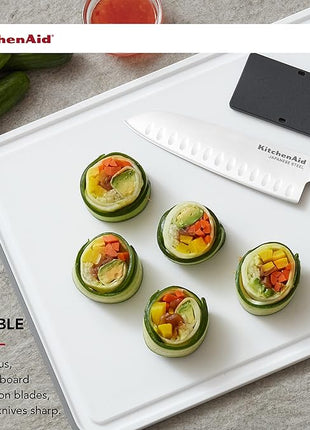 KitchenAid Classic Plastic Cutting Board with Perimeter Trench and Non Slip Edges, Dishwasher Safe, 12 inch x 18 inch, White and Gray