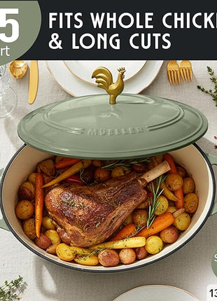 MUELLER HOME 5.5 Quart Enameled Cast Iron Oval Dutch Oven w Rooster Knob & Cotton Potholders, Heavy-Duty Cookware, Oven-Safe up to 500° F & Across All Cooktops, Gifts for Grandma & Women, Thyme Green