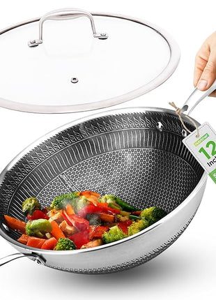 NutriChef 12" Stainless Steel Wok - Induction ready, Non Stick Tri-ply technology, Scratch-resistant Honeycomb Fire Textured Pattern