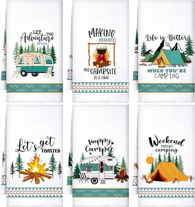 Set of 6 Camping Kitchen Towels White Absorbent Dishcloth Bonfire Tent Car Tea Towels 24 x 16 Inches with Funny Sayings Novelty Gifts for Campers Happy Camper Camping Accessories for Rv Campers